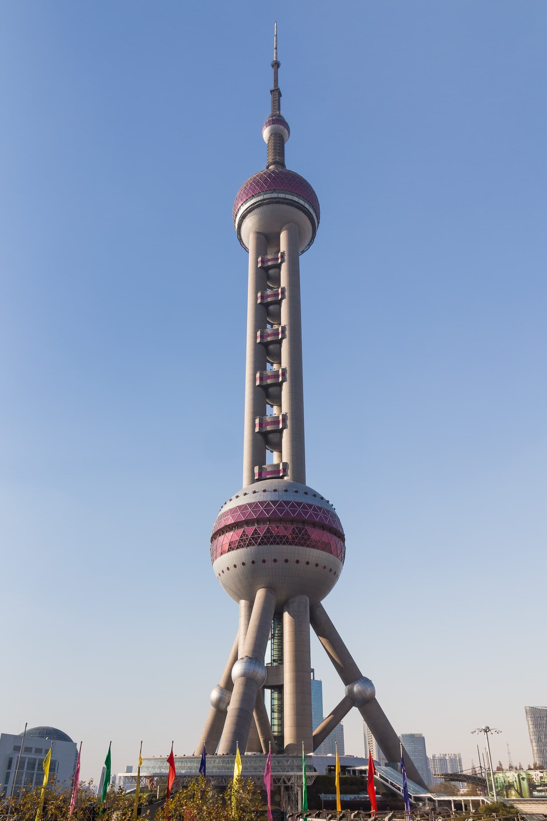 The Oriental Pearl Tower gives Lujiazui its most recognizable retro-futuristic shape.