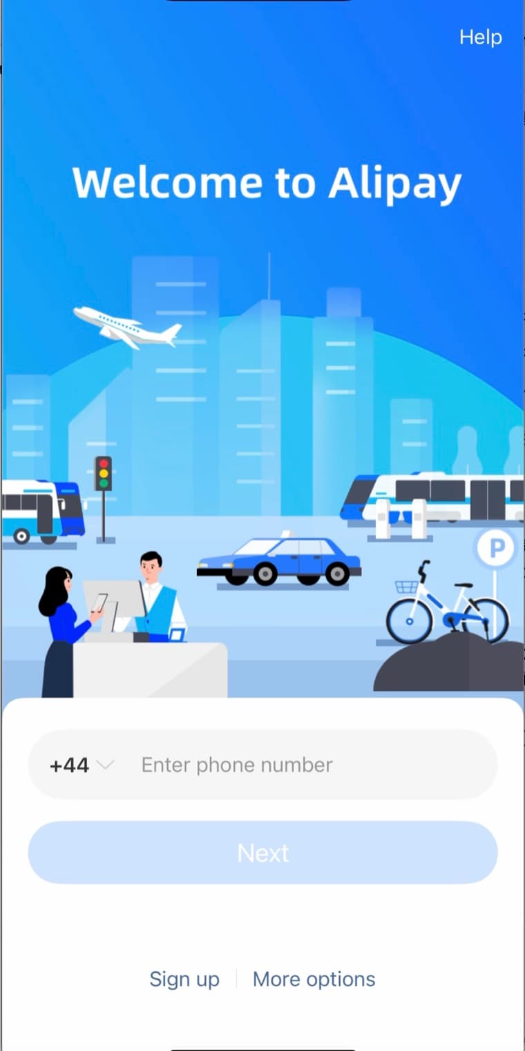 Alipay welcome screen with country code and phone number fields