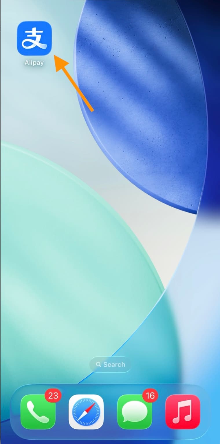 Phone home screen with an arrow pointing to the Alipay app icon
