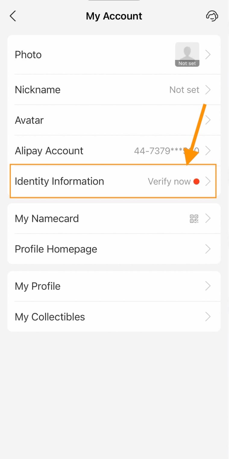 Alipay My Account screen with Identity Information highlighted