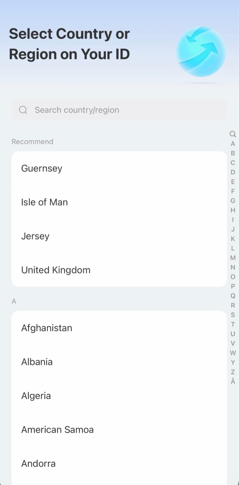Alipay country and region selection screen for an identity document