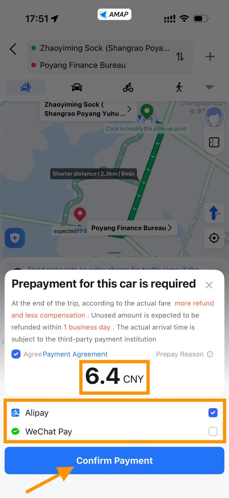 AMap Global prepayment screen offering Alipay and WeChat Pay