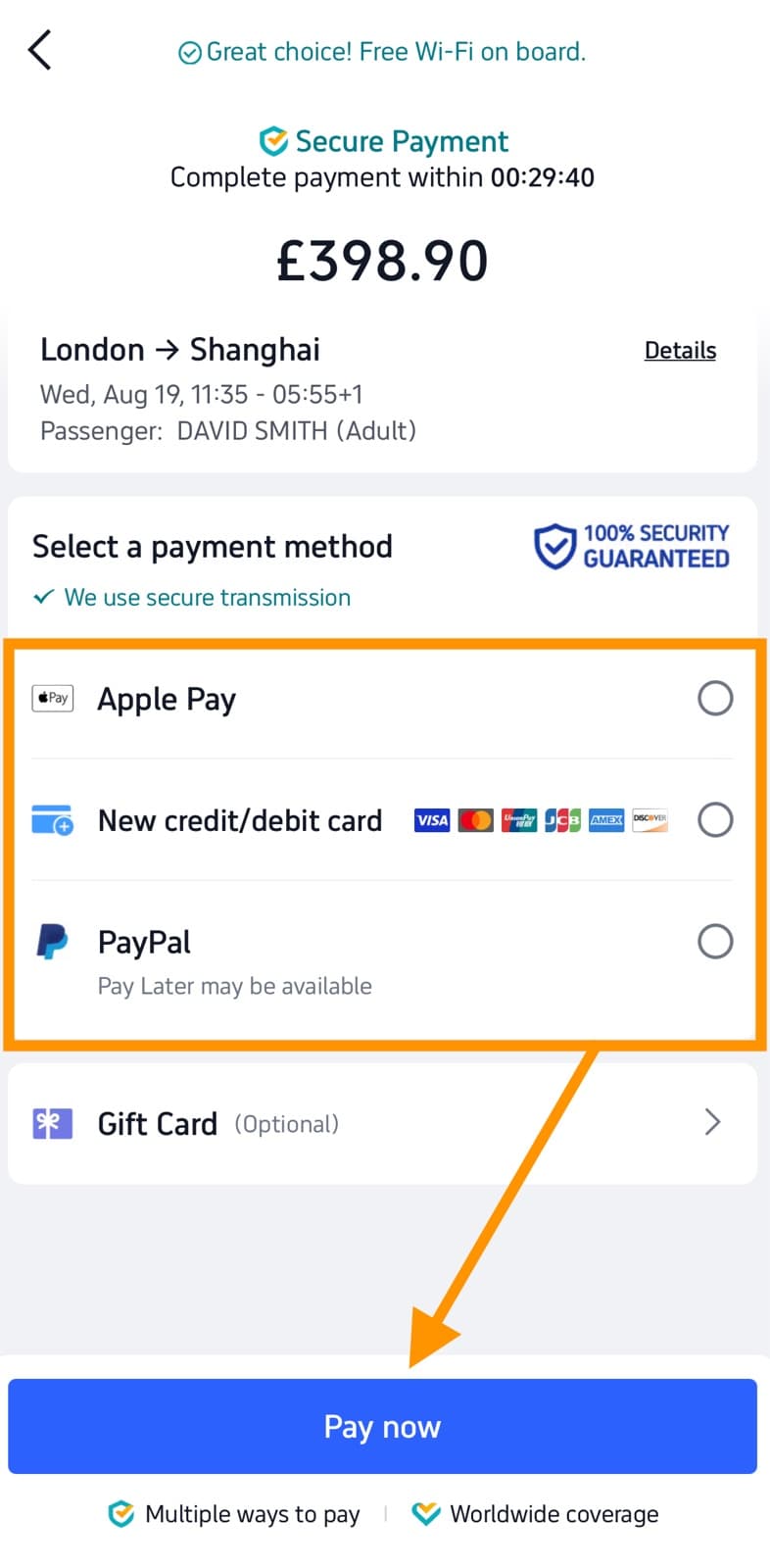 Trip.com payment screen showing Apple Pay, credit card, and PayPal options with a countdown timer