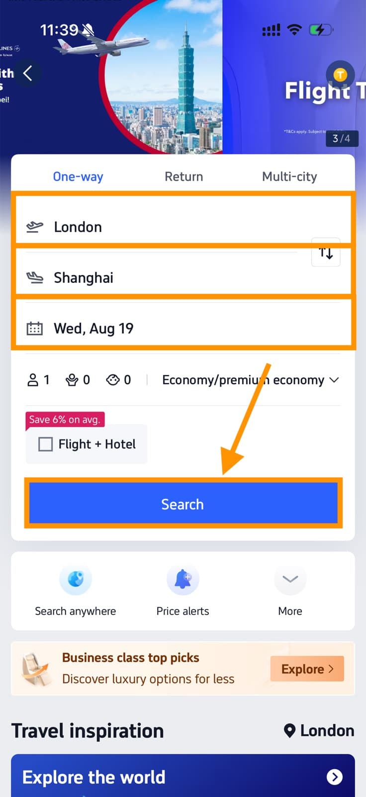 Trip.com flight search form with departure city, destination, and date filled in