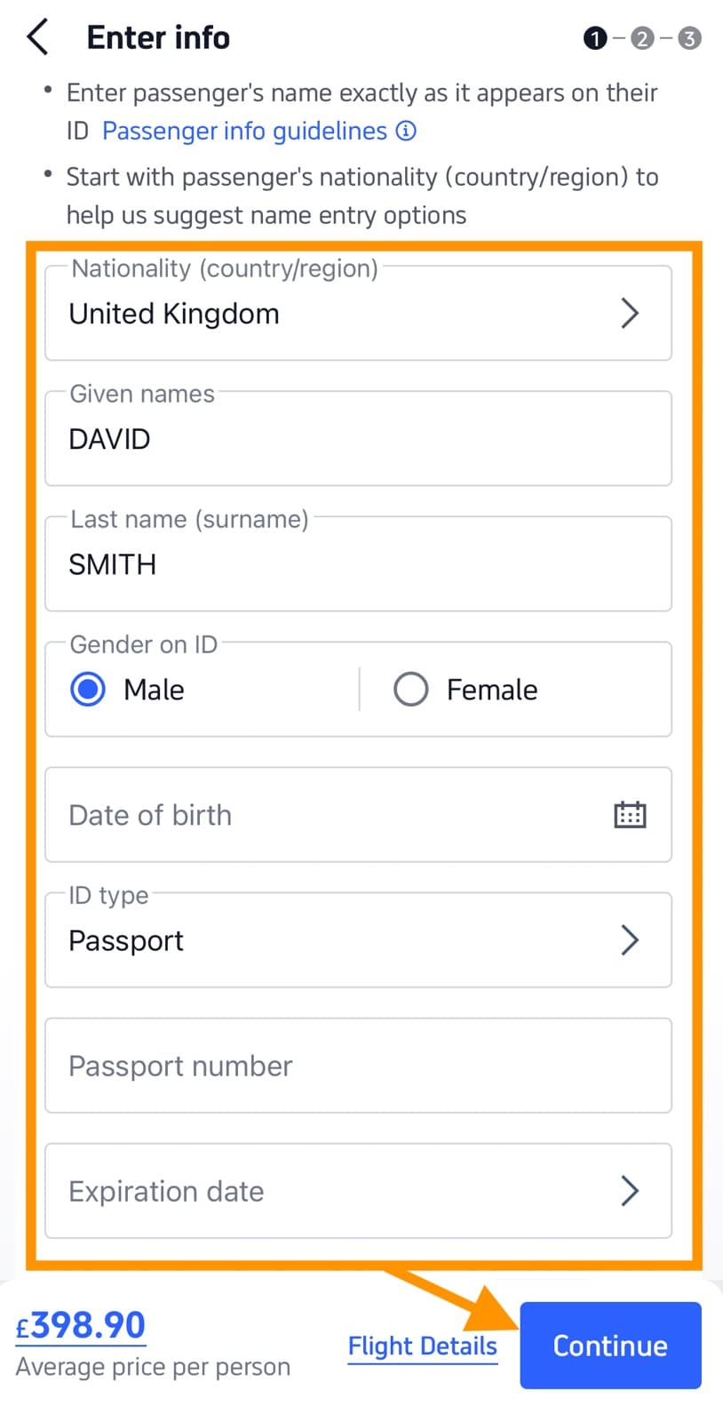 Trip.com passenger information form with nationality, given names, and passport fields