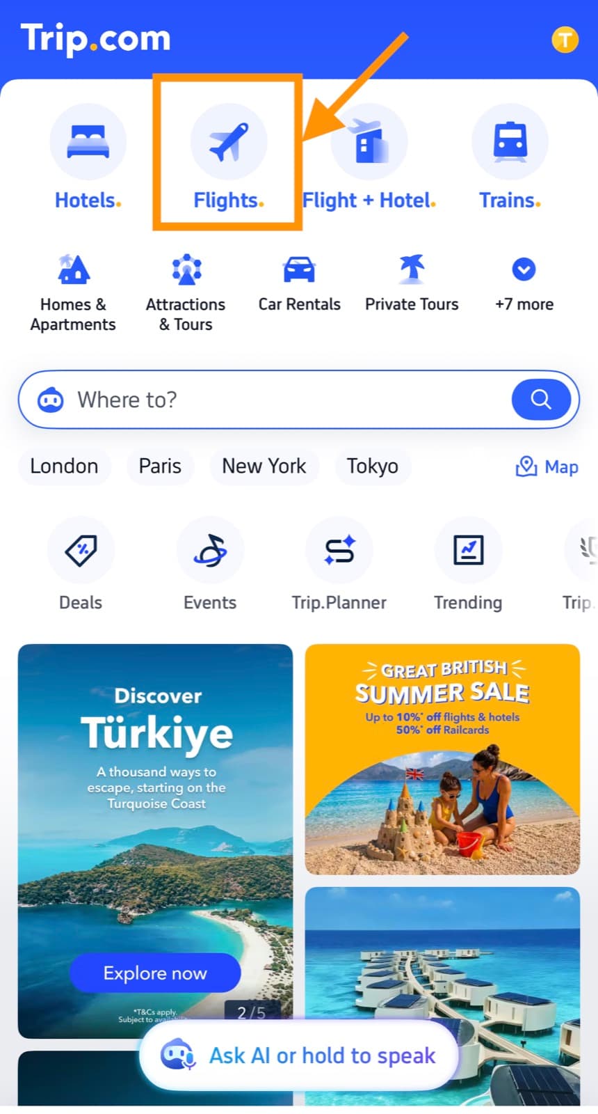 Trip.com home screen with the Flights tab highlighted