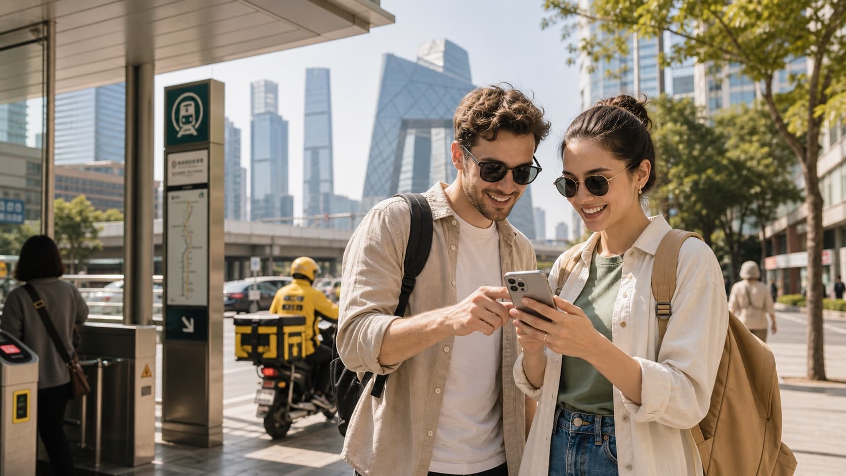 Travelers using a phone in a modern Chinese city