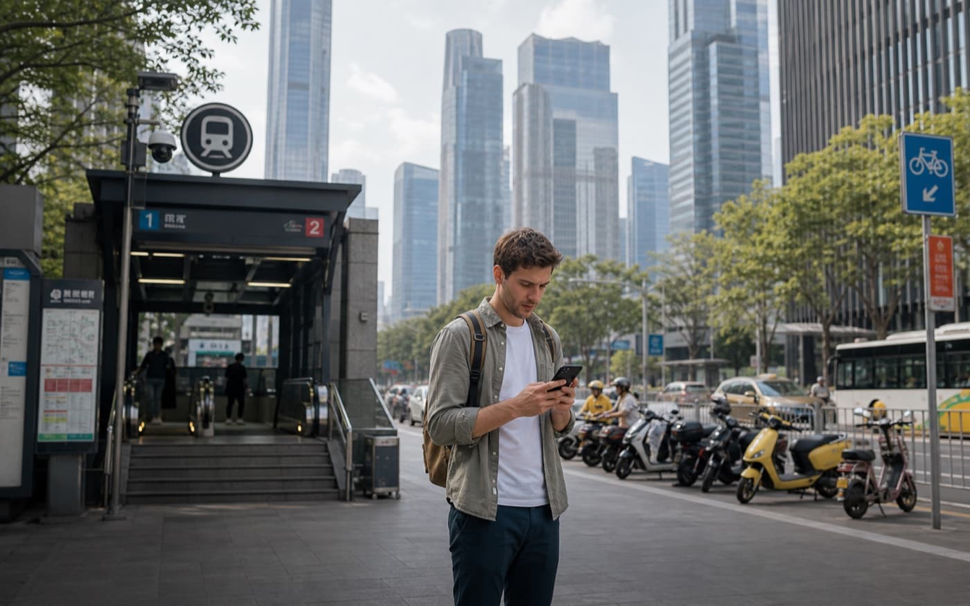Traveler in China looking at a phone while trying to solve a practical travel problem