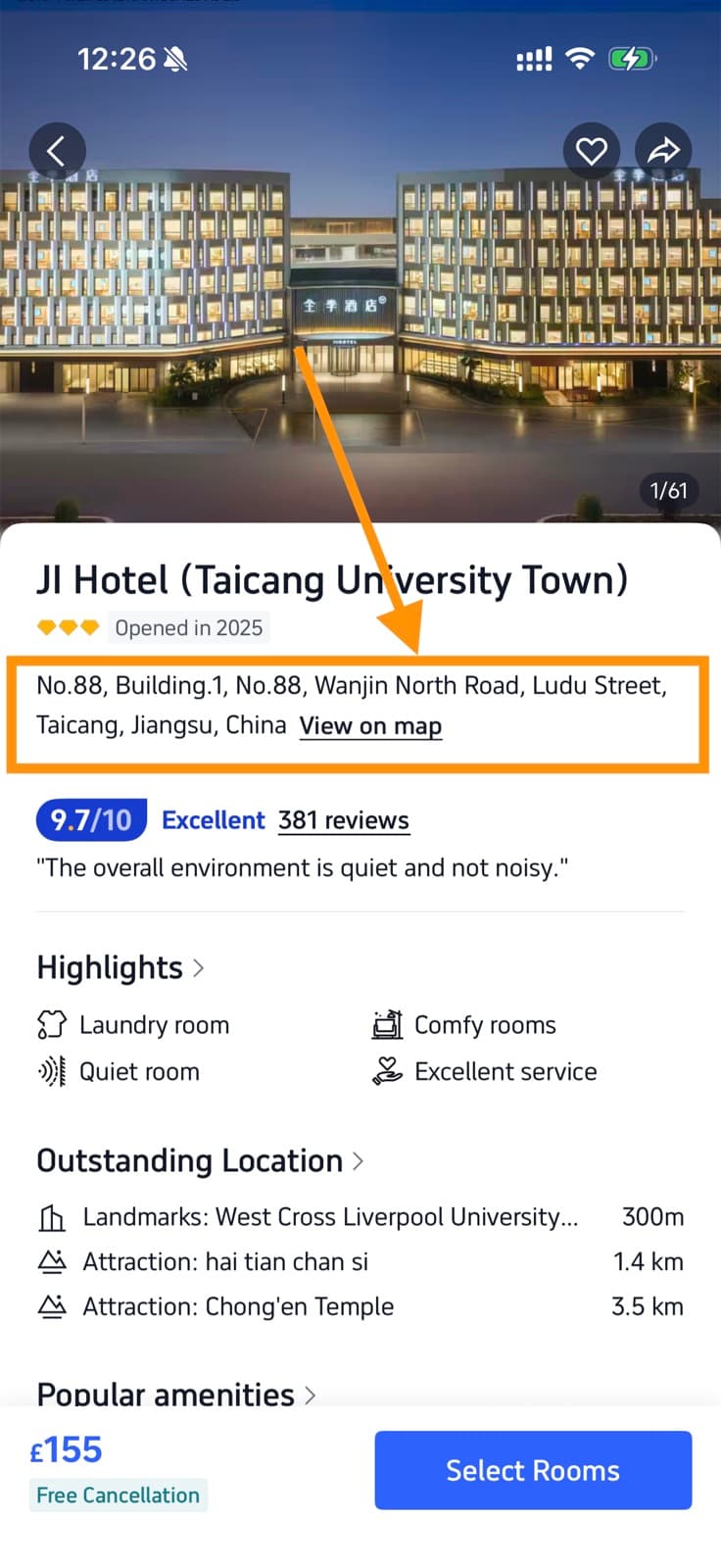 Trip.com hotel page with the full address and View on map link highlighted