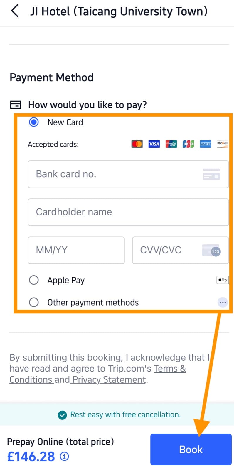 Trip.com hotel payment screen showing accepted card brands and the Book button