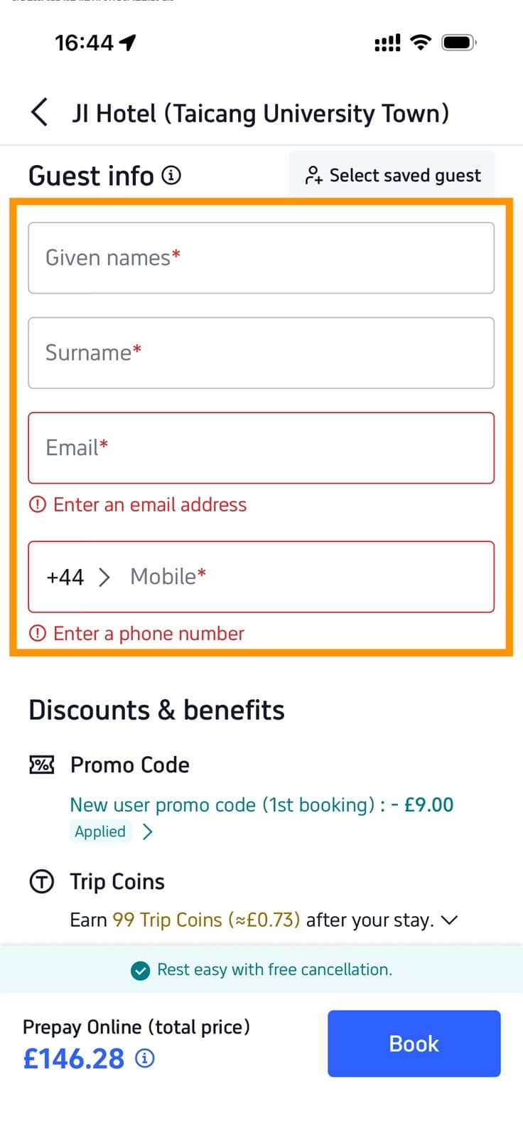 Trip.com guest information form with name, email, and mobile number fields