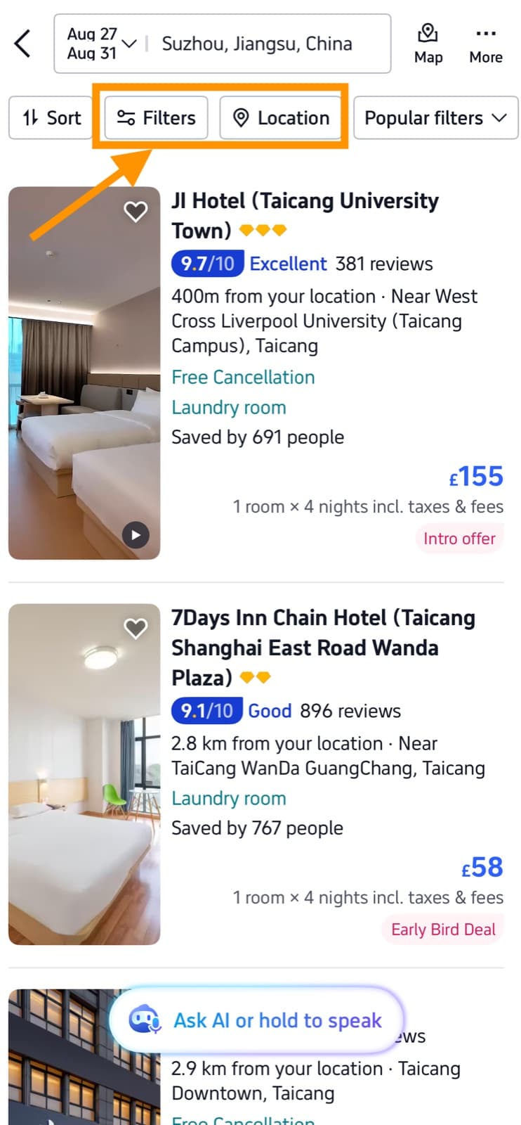 Trip.com hotel results list with the Filters and Location buttons highlighted