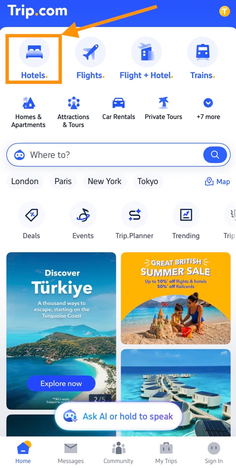 Trip.com home screen with the Hotels tab highlighted