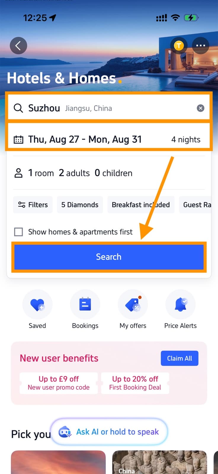 Trip.com hotel search with a Chinese city, dates, and room count filled in