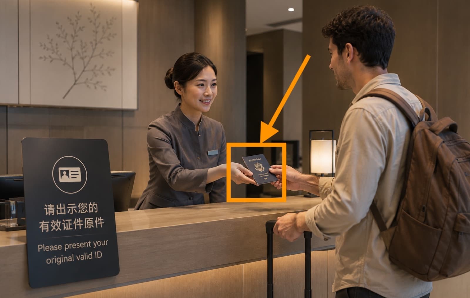 A traveller handing a passport to a hotel receptionist beside a sign asking for original valid ID
