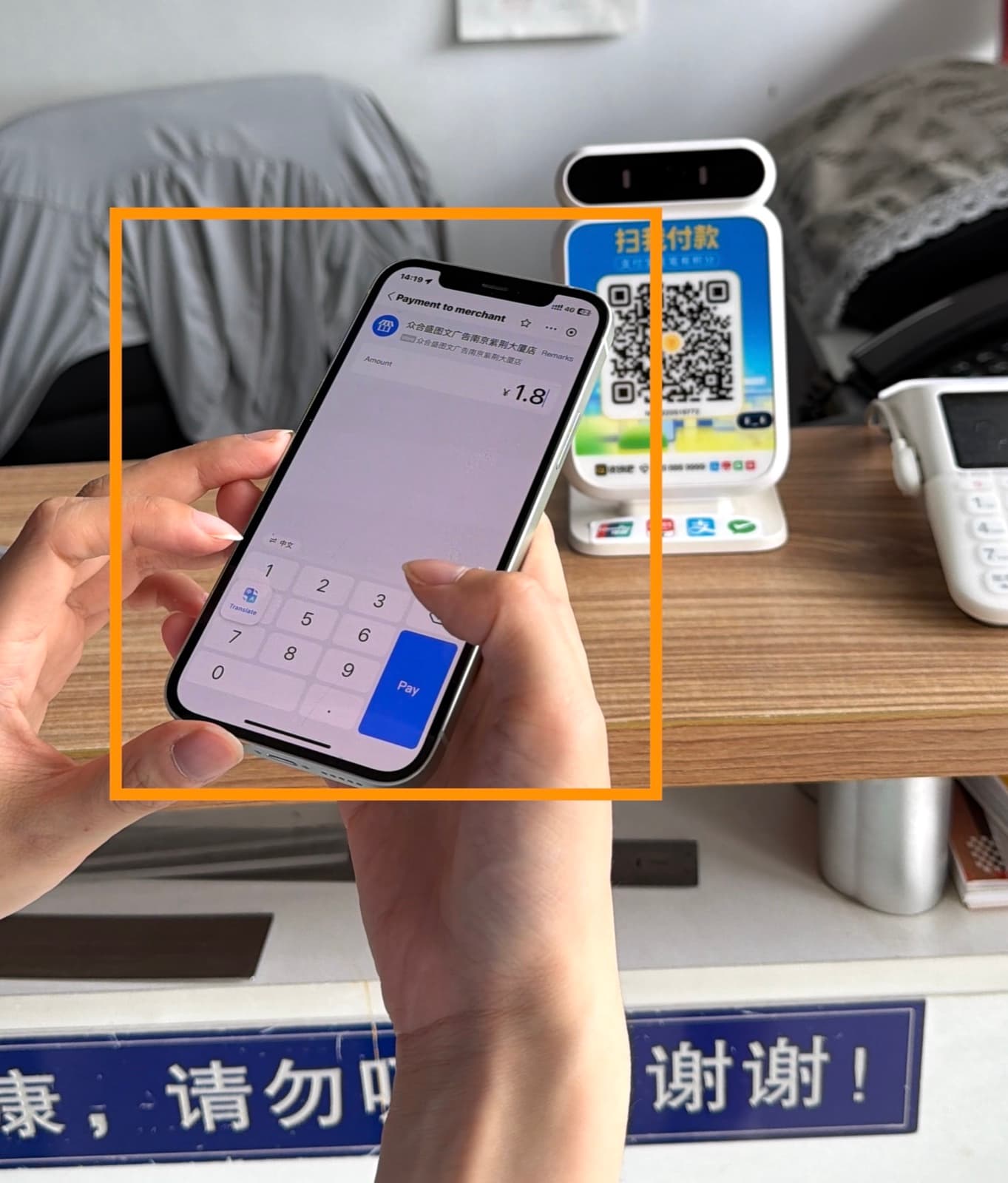 Alipay payment screen showing the merchant name, an amount keypad, and the Pay button