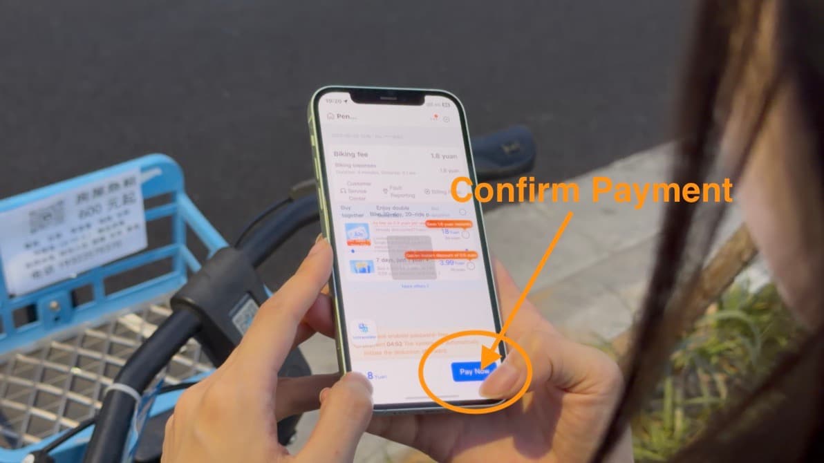 Alipay shared bike fare screen with Pay Now highlighted