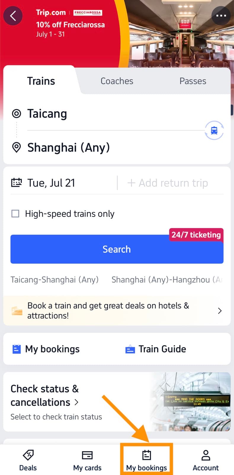 Trip.com Trains tab with My bookings highlighted in the bottom navigation