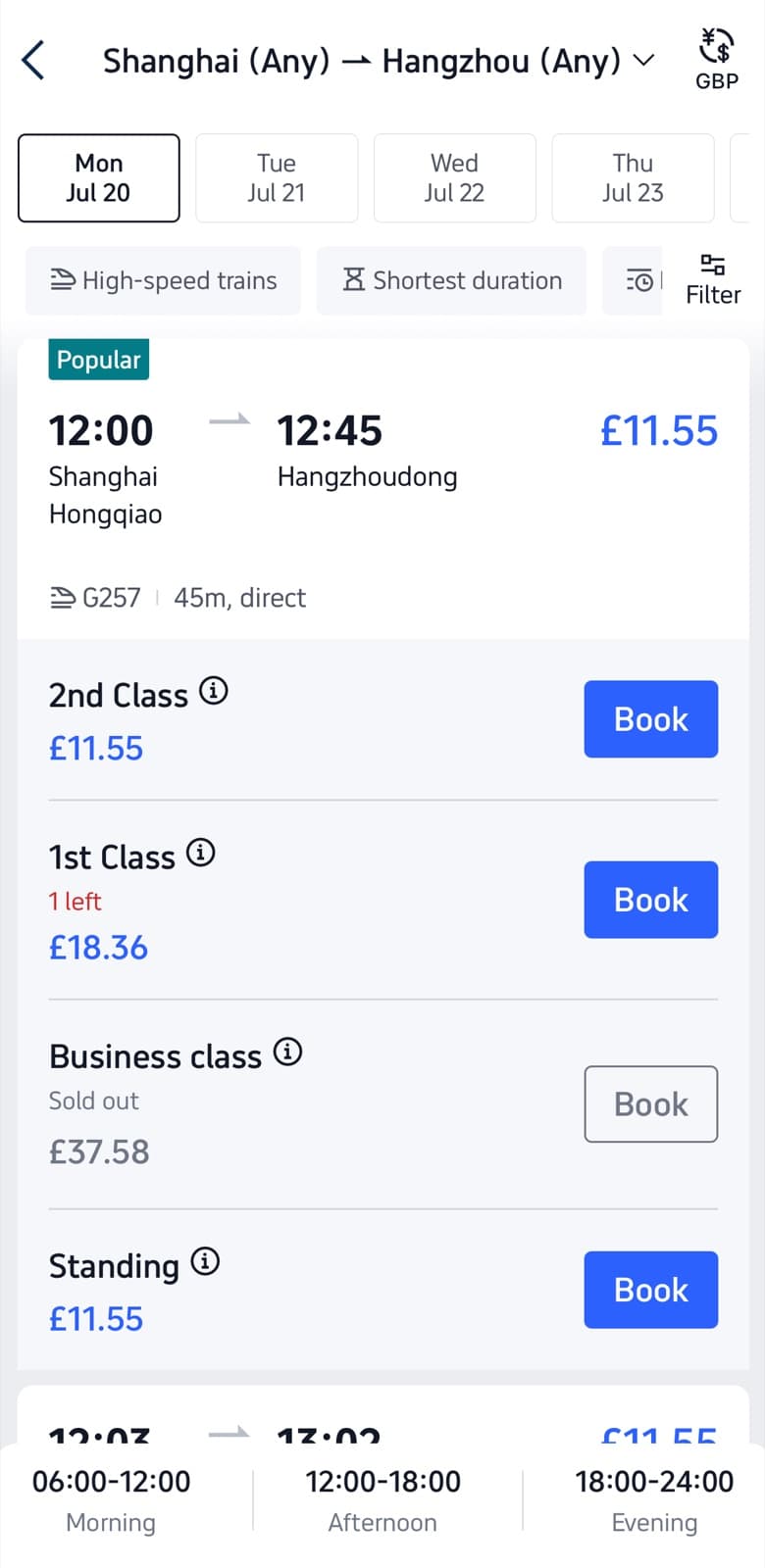 Trip.com seat class list showing 2nd Class, 1st Class, Business class, and Standing with prices