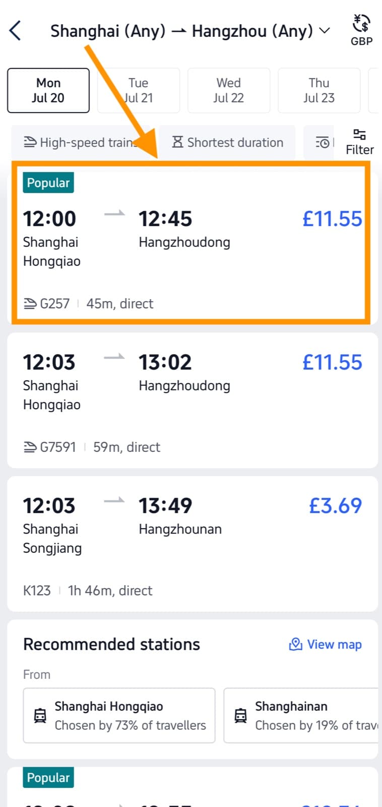 Trip.com train results showing departures from Shanghai Hongqiao and Shanghai Songjiang