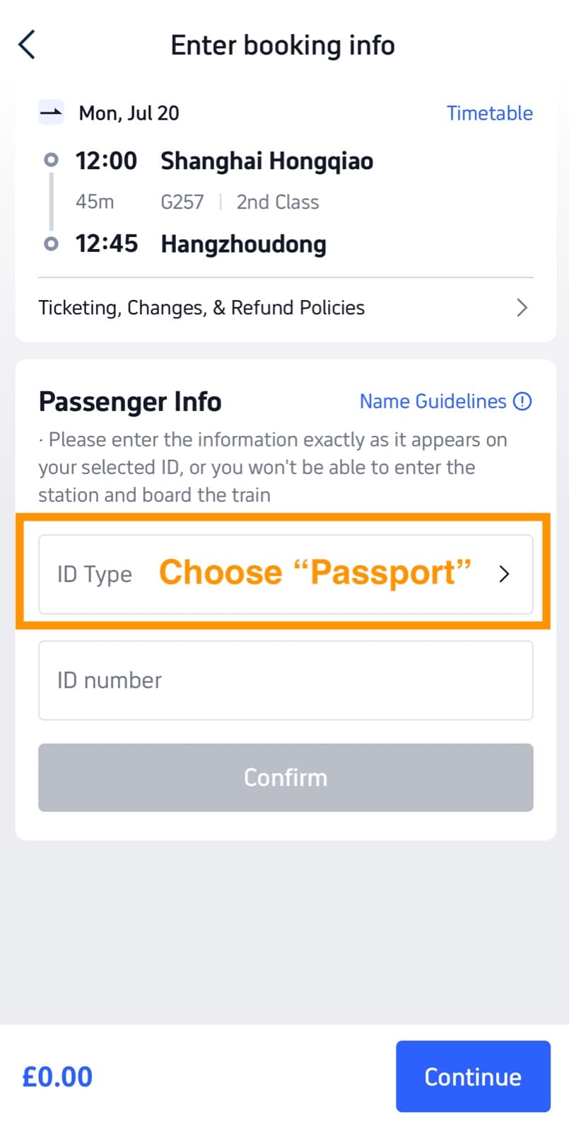 Trip.com booking info screen with ID Type set to Passport and an ID number field
