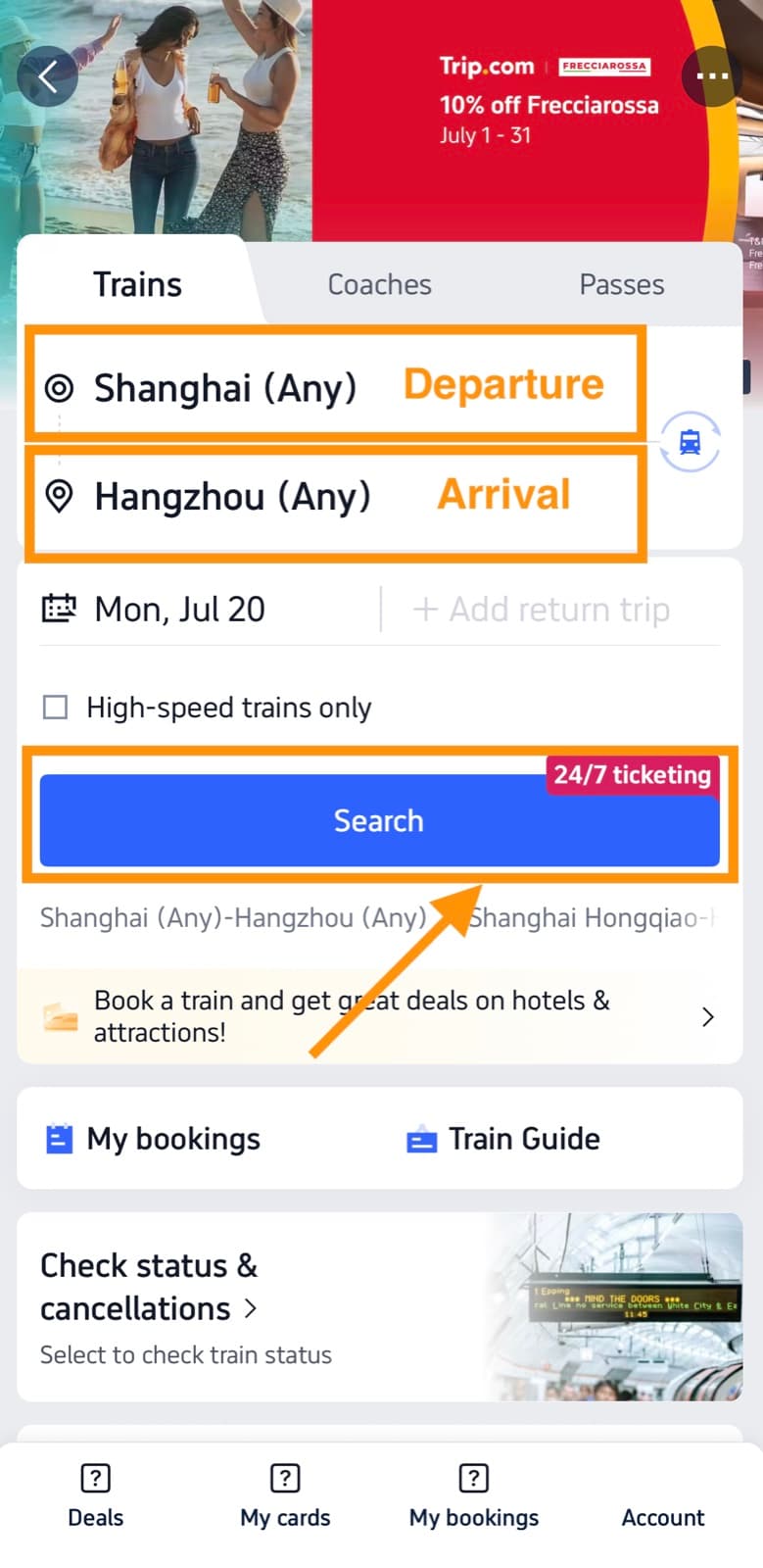 Trip.com train search with departure city, arrival city, and date fields