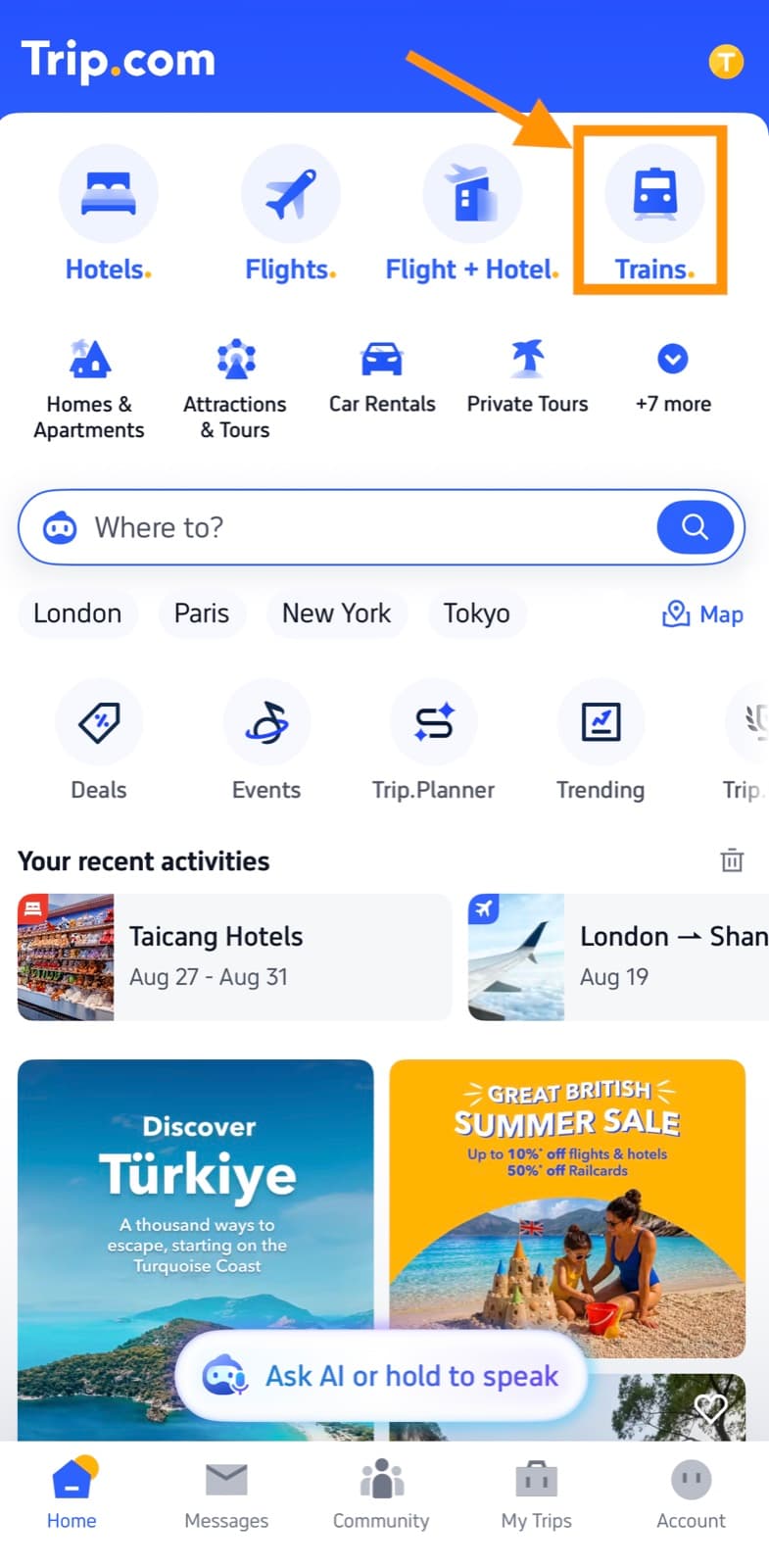 Trip.com home screen with the Trains tab highlighted