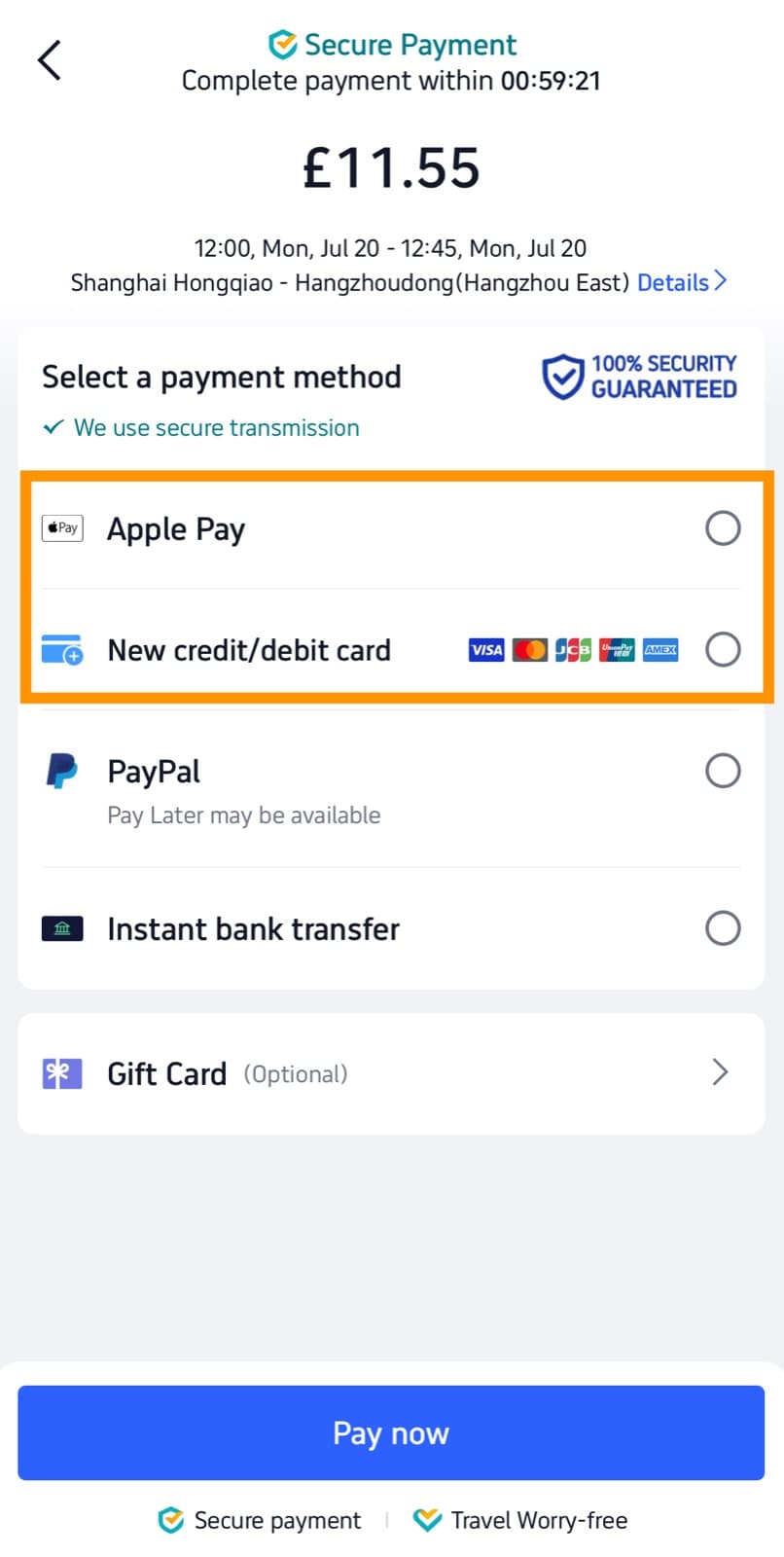 Trip.com secure payment screen with Apple Pay, card, PayPal, and bank transfer options