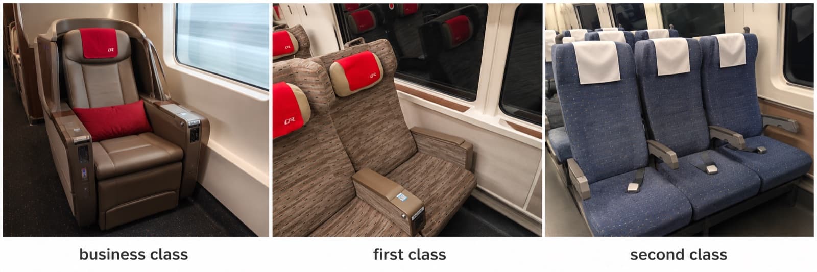 Side-by-side comparison of business class, first class, and second class high-speed train seats