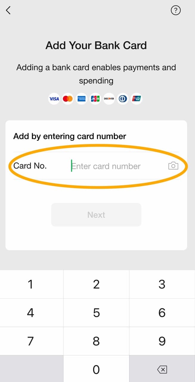 WeChat Add Your Bank Card screen with the card number field highlighted