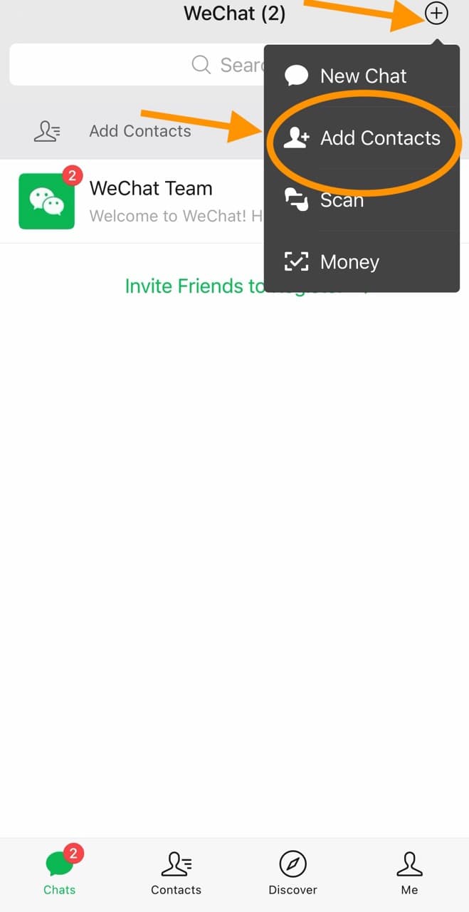 WeChat Chats screen showing Add Contacts in the plus menu