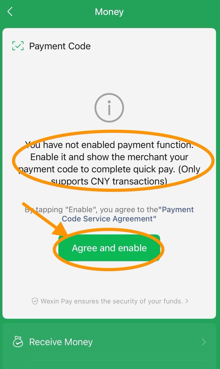 WeChat Money screen asking the user to agree and enable payment code