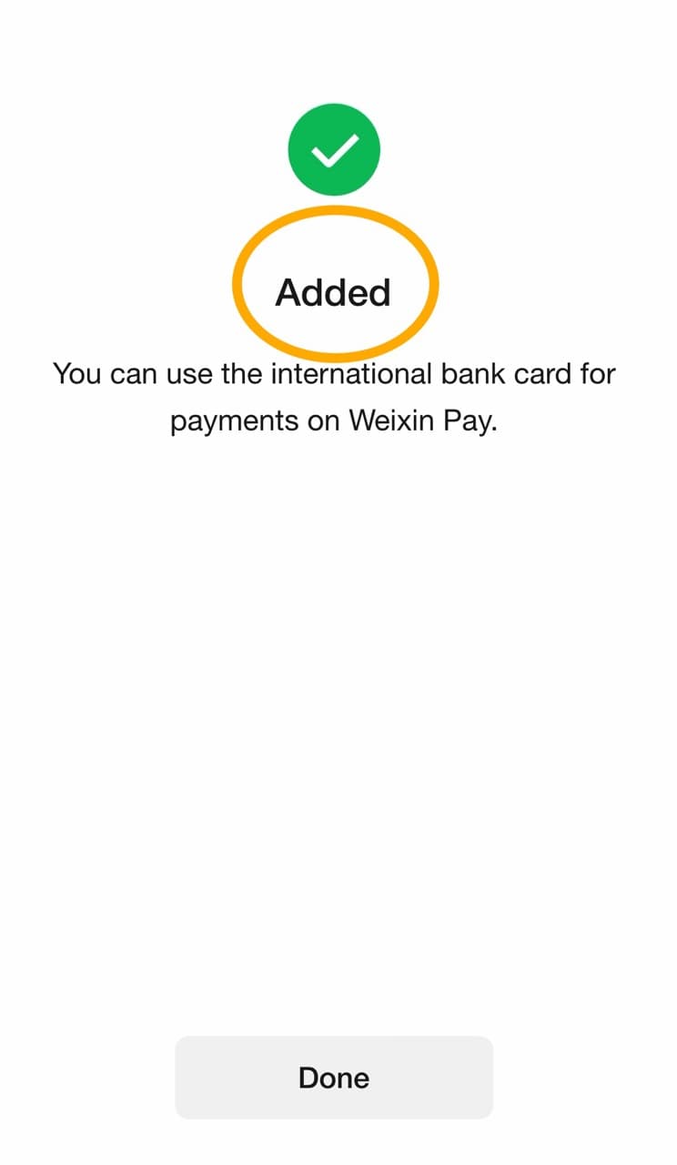 WeChat screen showing the bank card was added successfully