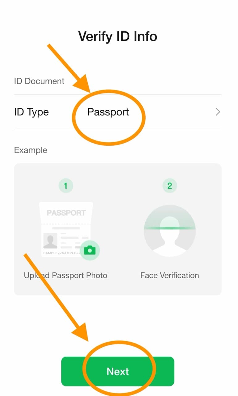 WeChat Verify ID Info screen showing Passport and Next button