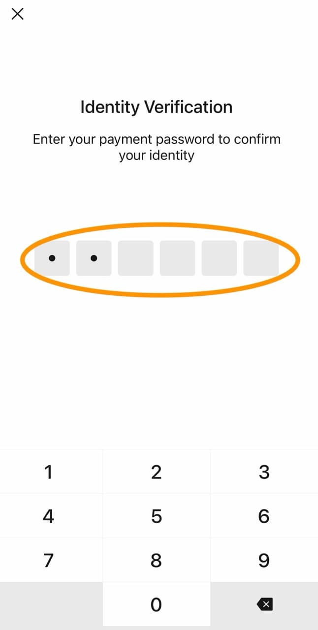 WeChat identity verification screen asking for payment password