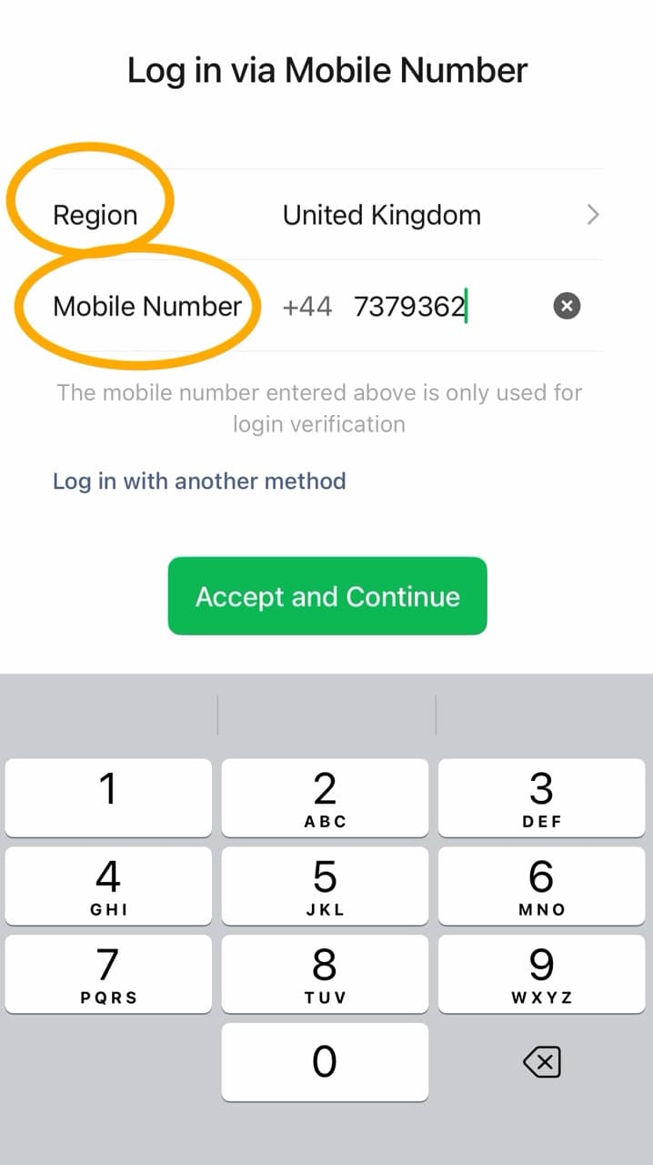 WeChat login screen showing region and mobile number fields