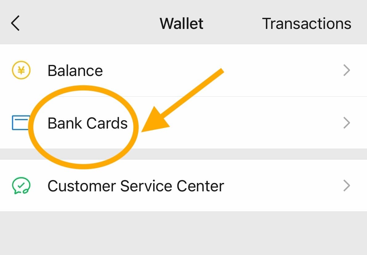 WeChat Wallet screen showing the Bank Cards row