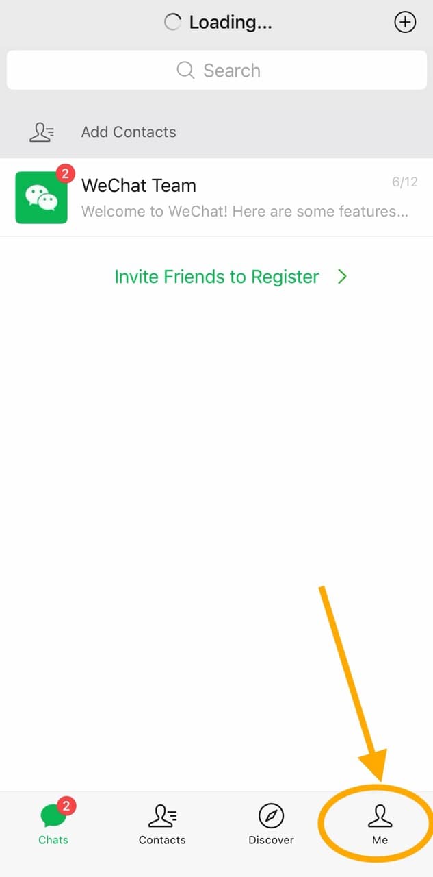 WeChat Chats screen showing the Me tab in the bottom navigation