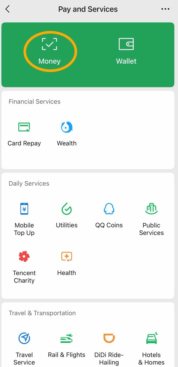 WeChat Pay and Services screen with Money highlighted