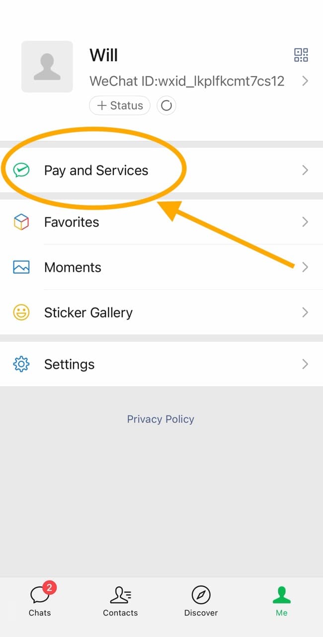 WeChat Me tab showing the Pay and Services row