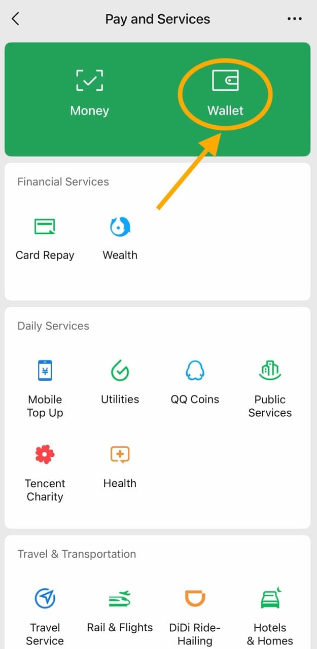 WeChat Pay and Services screen showing the Wallet button