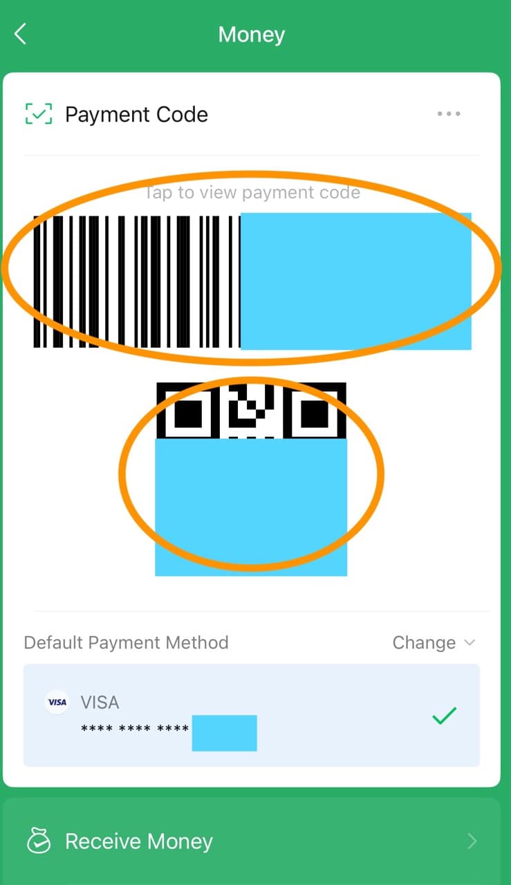 WeChat Money screen showing the payment code and default payment card