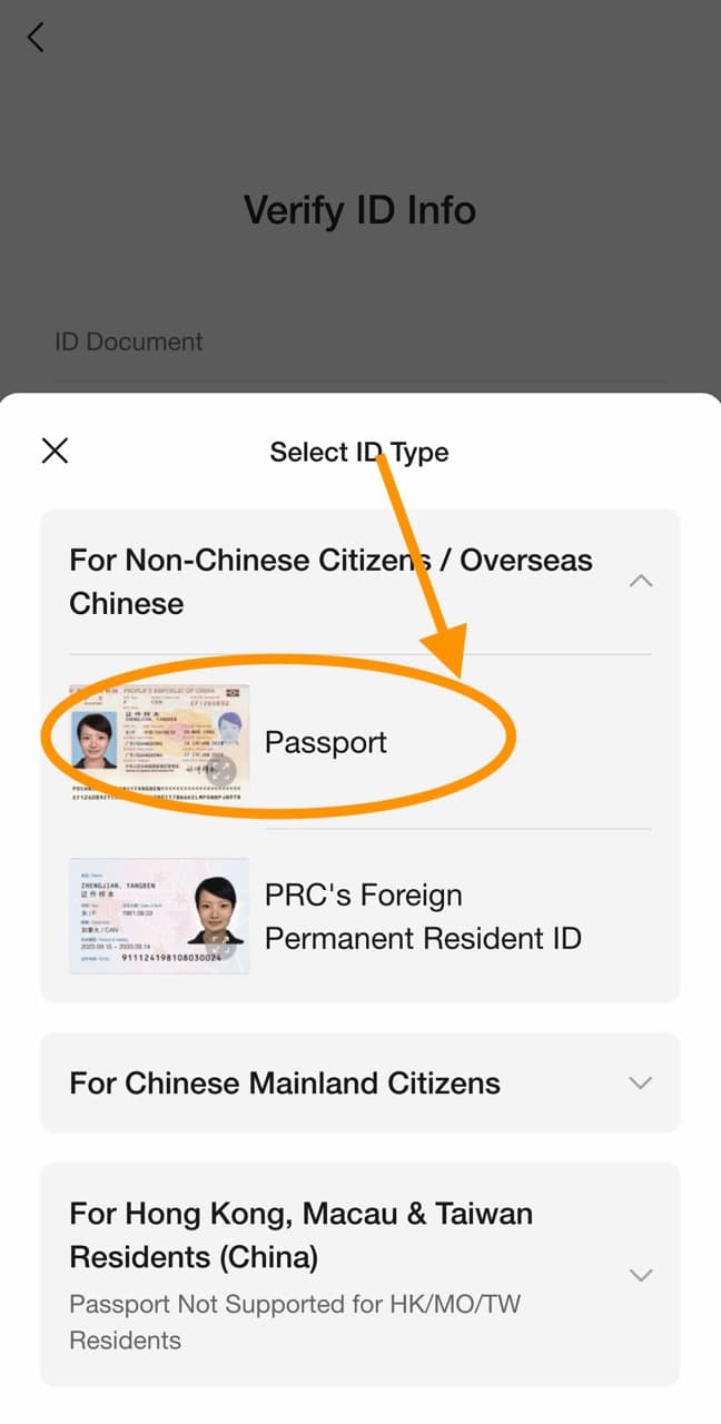 WeChat Select ID Type sheet showing Passport
