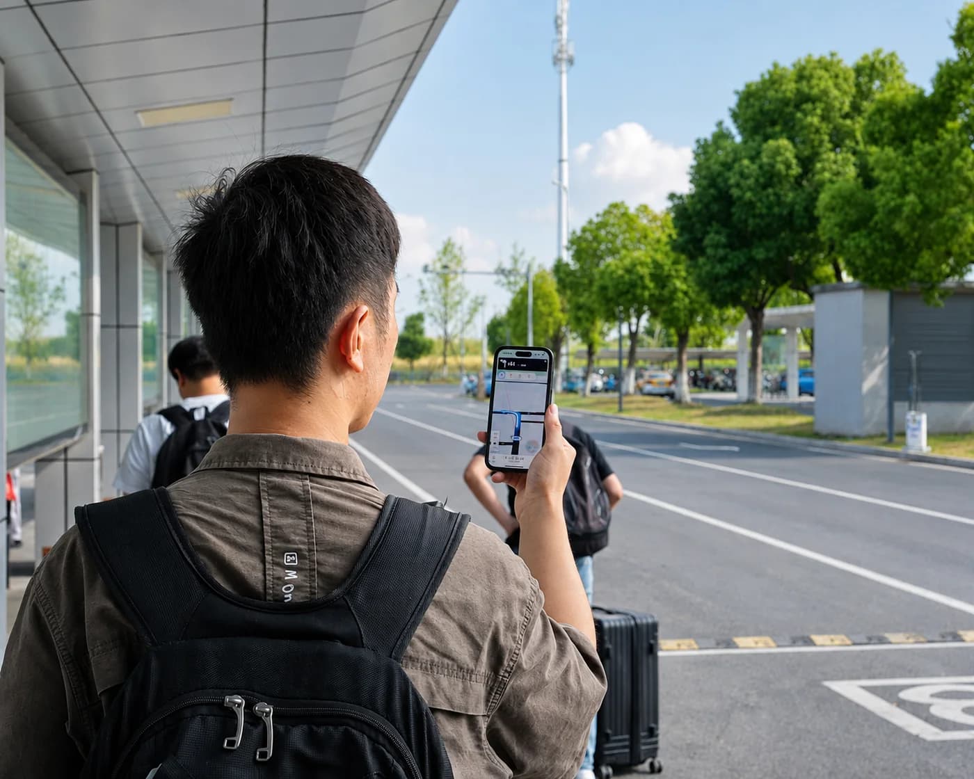 Will checking a map on his phone beside a street