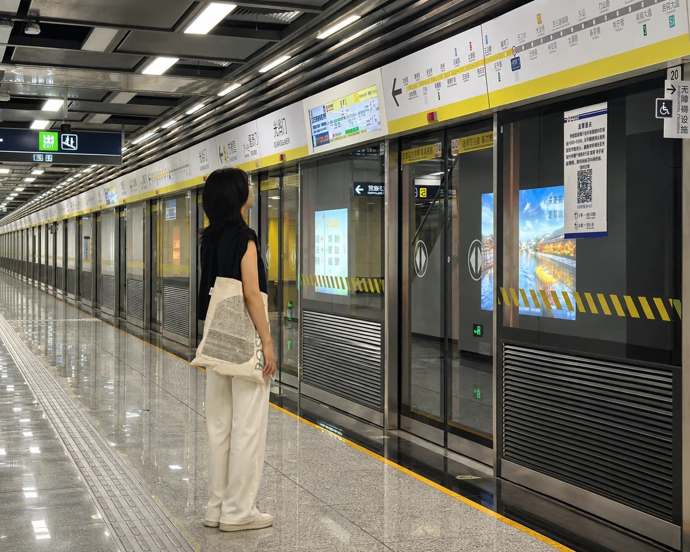 Yadi looking at the route signs above metro platform doors