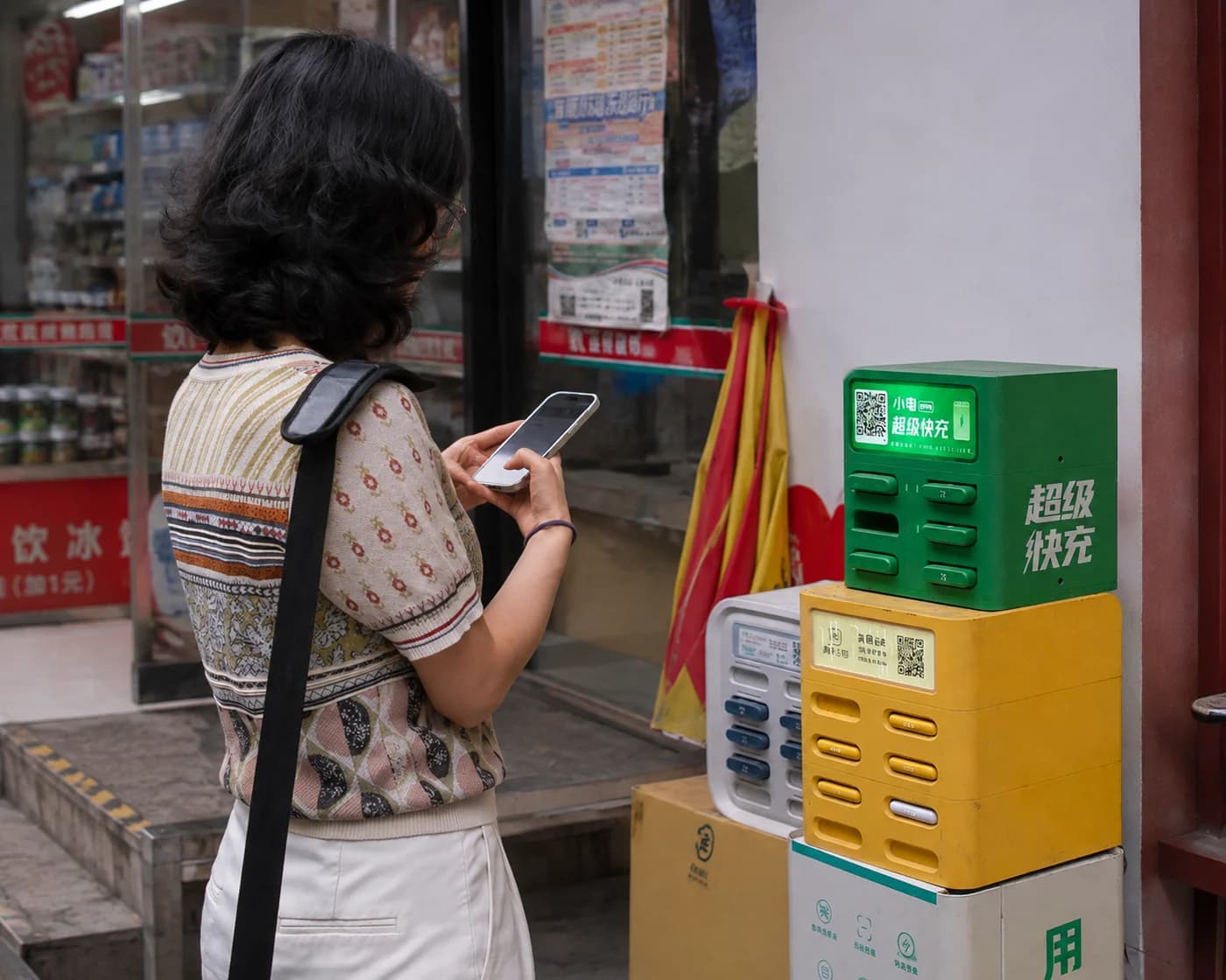 Yadi using her phone beside green and yellow power bank cabinets
