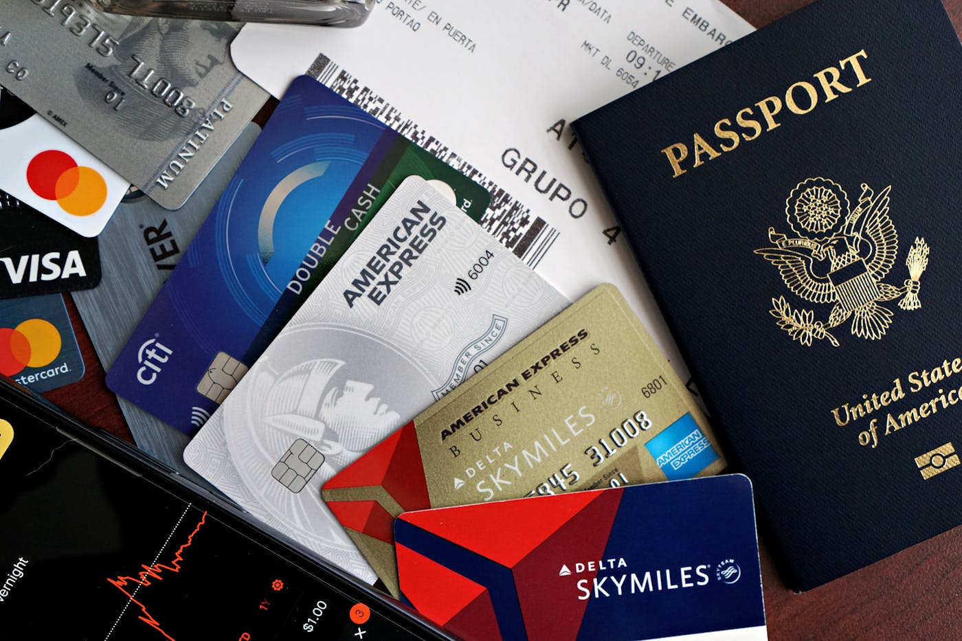 Passport, cards, and travel documents prepared for an international trip
